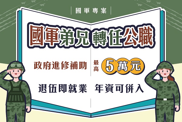 【國軍專案】國軍弟兄，轉任公職!!可享政府最高補助五萬元