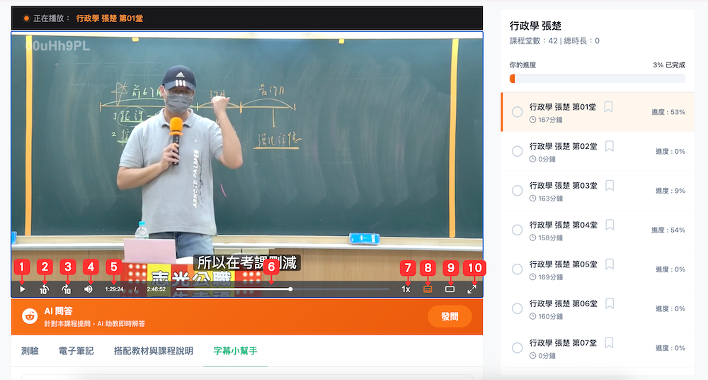 課程畫面10大功能操作介面示意圖
