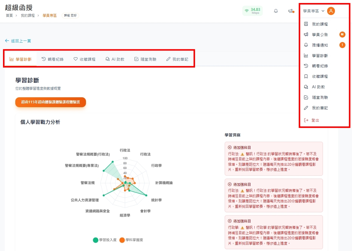 函授平台學員功能選單示意圖